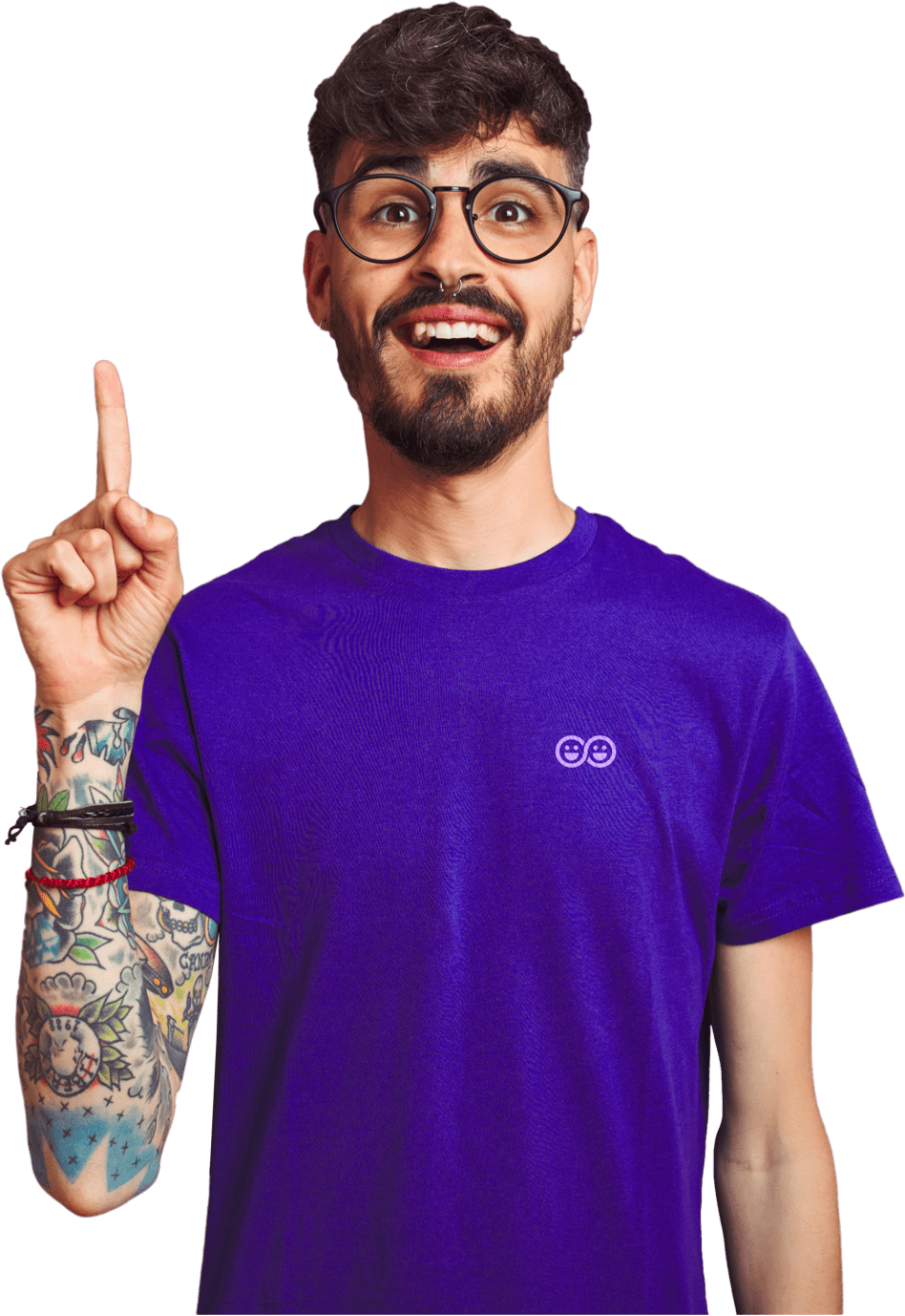 Guy with glasses and tattoo sleeve pointing up in blue Withlocals t-shirt