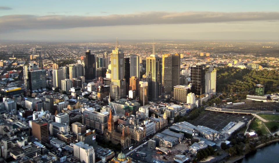 Skyline of Melbourne seen from a the sky