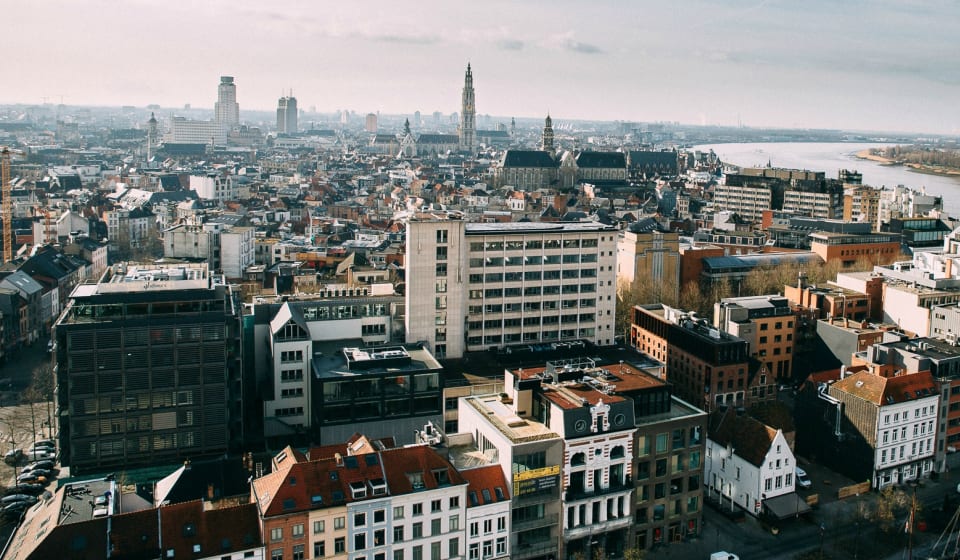 A view from the sky over the skyline of Antwerp