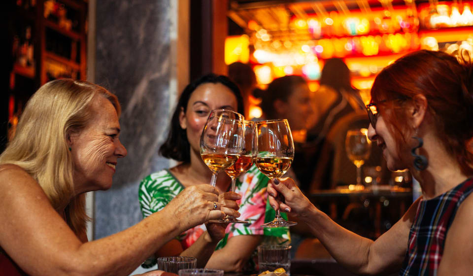 A group of tourists toasting with Greek wine near Athens