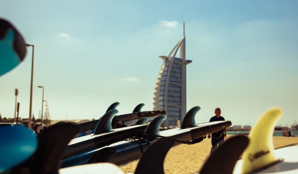 Half a dozen surf boards stalled at the beach in Dubai