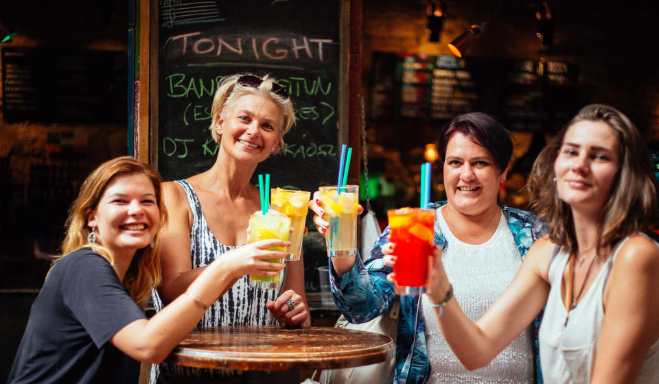 A group of tourists having lemonade outside in Belgrade