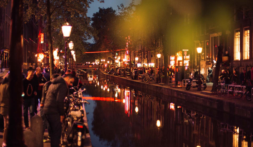 An evening view of the Red Light District in Amsterdam