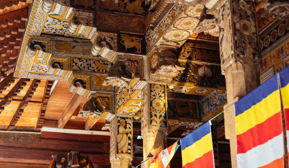 Flags and decorated cycling a Sri Lankan temple