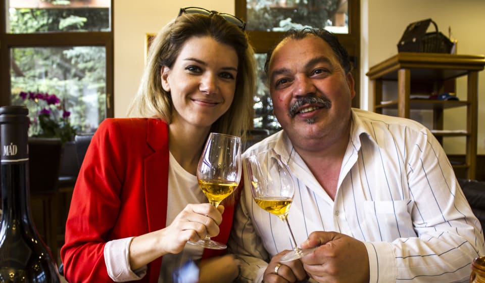 Two people cheering with Hungarian wines