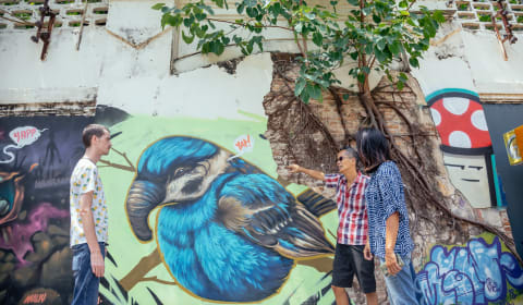 Local guide showing street art to two tourists
