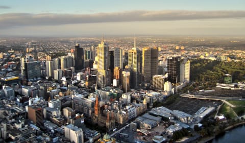 Skyline of Melbourne seen from a the sky