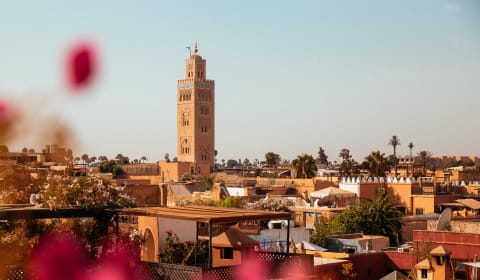 A view over Marrakech with the tower of the Koutobia Mosque