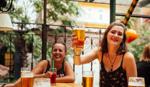 A group of tourists having a beer in Belgrade