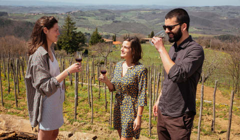 A local guide giving a private wine tasting on top of a hill at a winery in Tuscany near Florence