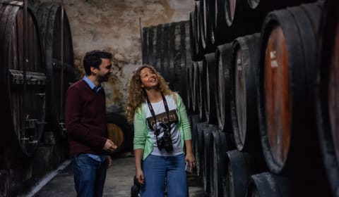 A tourist with a local guide standing next to a row of port barrels in Porto