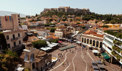 Top view of Athens with a view on many highlights and the Acropolis