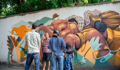 A local guide giving a group of tourist explanation at a street art murial