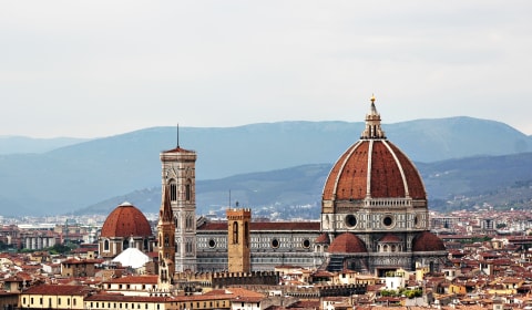 A view on the Duomo of Florence from a hill with the city surrounding it